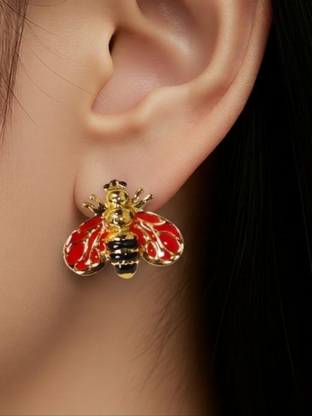 Gold Red Honeybee Stud Earrings Stainless Steel Enamel Bee Garden Jewelry Boho